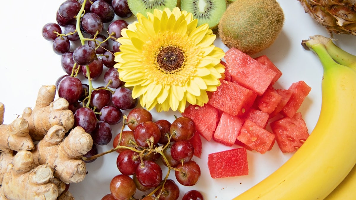 Fruit Raspberries Kiwi Watermelon Flowers Ginger Bananas Pineapple Flatlay