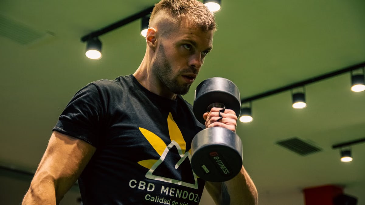 Muscular man exercising with a dumbbell in a modern gym setting, emphasizing strength and fitness.